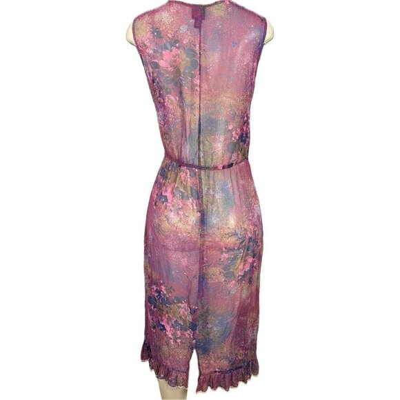 Plenty M Purple Floral Silk Sheer V-Neckline Rufffle Sleeveless Below Knee Dress - Picture 4 of 6